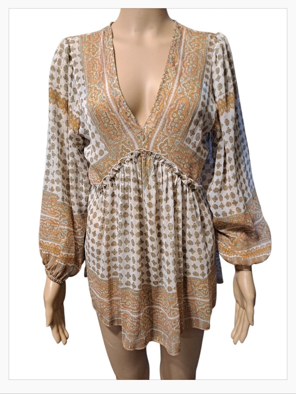 Rose + Olive Boho V-Neck Long Sleeve Peasant Top - Cream & Rust